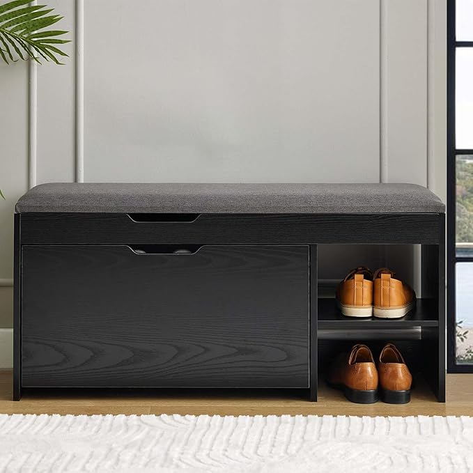 Shoe Storage Bench with Flip Drawer and Cushion
