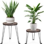 Wooden Plant Stands Indoor – Set of 2 Mid-Century Round Plant Holders with Metal Legs for Home & Patio Decor