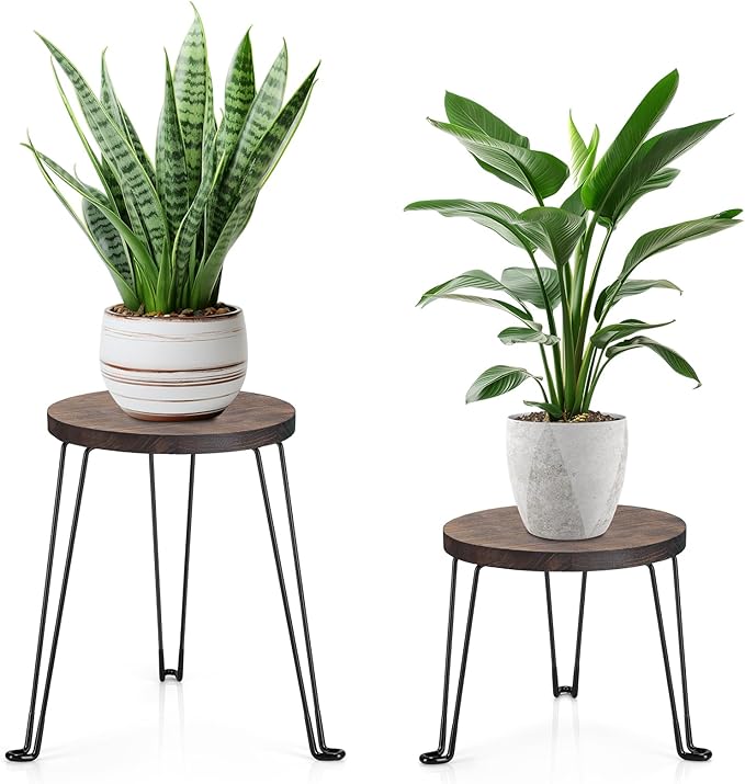 Wooden Plant Stands Indoor – Set of 2 Mid-Century Round Plant Holders with Metal Legs for Home & Patio Decor
