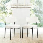 White Boucle Dining Chairs Set of 2 – Mid Century Modern Upholstered Chairs with Curved Back & Metal Legs