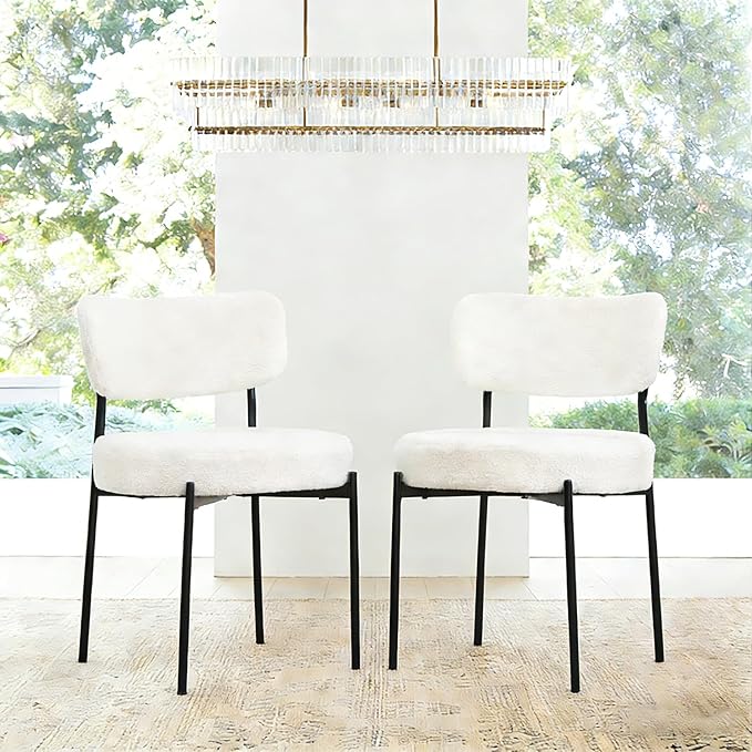 White Boucle Dining Chairs Set of 2 – Mid Century Modern Upholstered Chairs with Curved Back & Metal Legs