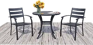 3 Piece Outdoor Dining Set for 2 – Patio Bistro Set with 27.6″ Round Metal Table & Chairs with Armrests