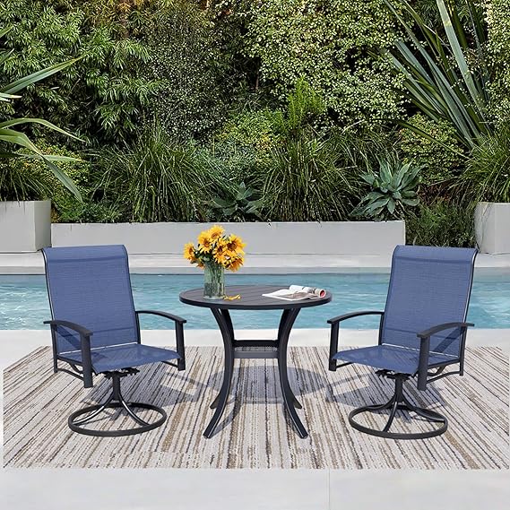 3-Piece Outdoor Patio Dining Set for 2 – Round Black Table with 2 Blue Swivel Chairs