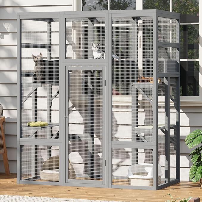 70-Inch Outdoor Cat Catio Enclosure – Weatherproof Large Cat House for Multiple Cats with Updated Sturdy Frame (Grey)