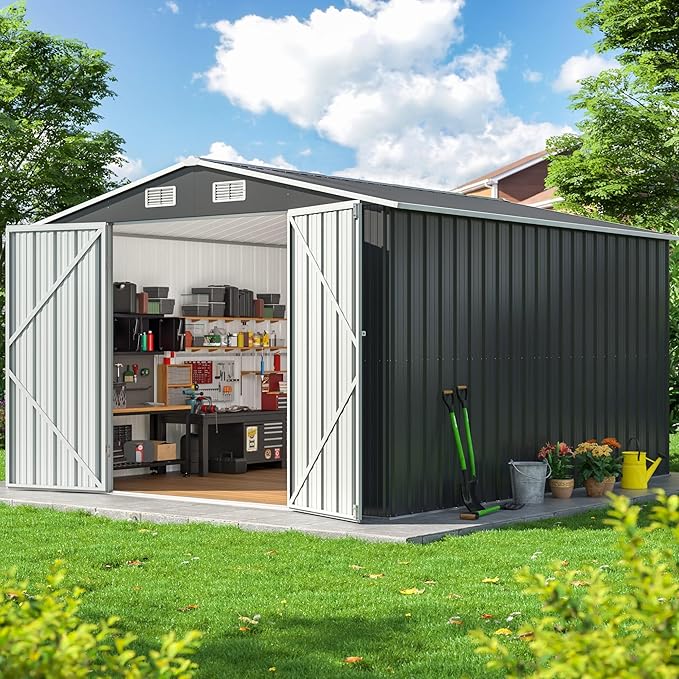 10x12 FT Metal Outdoor Storage Shed – Heavy-Duty Garden Tool Shed with Updated Frame & Lockable Doors