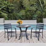 3-Piece Outdoor Dining Set for 2 – Black Metal Round Table with Stackable Patio Chairs & Armrests