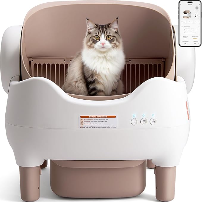 Self Cleaning Litter Box for Multiple Cats with App Control, Automatic Open-Top Cat Litter Box with Large Waste Bin, Odor-Free Disposal & Included Trash Bags