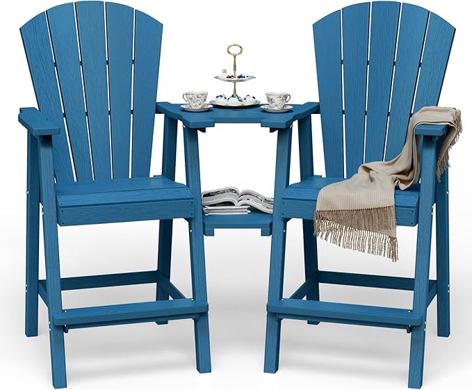 Tall Adirondack Chairs Set of 2 – HDPE High Outdoor Bar Chairs with Double Removable Trays, All-Weather Adirondack Barstools for Patio, Deck, Balcony & Backyard (Navy Blue)