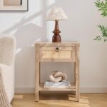Rattan Nightstand with Drawer – Boho Bedside End Table in Light Oak, Coastal Side Table with Open Shelf for Small Bedrooms & Apartments