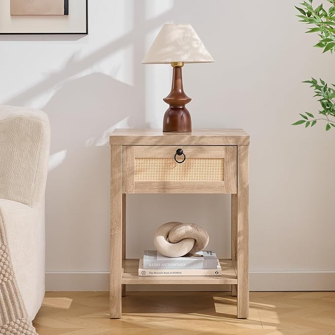 Rattan Nightstand with Drawer – Boho Bedside End Table in Light Oak, Coastal Side Table with Open Shelf for Small Bedrooms & Apartments