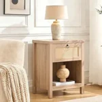 Rattan Nightstand with Drawer – Boho Coastal Bedside End Table in Light Oak, Side Table with Open Storage Shelf for Small Bedrooms & Apartments