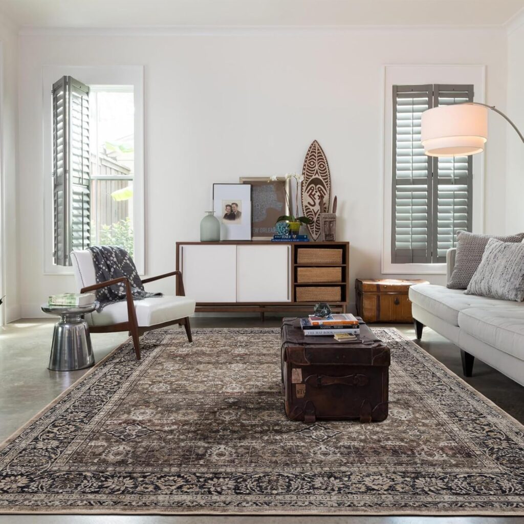 8x10 Washable Area Rug – Vintage Floral Non-Slip Faux Wool Rug for Living Room, Bedroom & Dining Room, Soft Distressed Farmhouse Carpet (Brown 8’x10’)