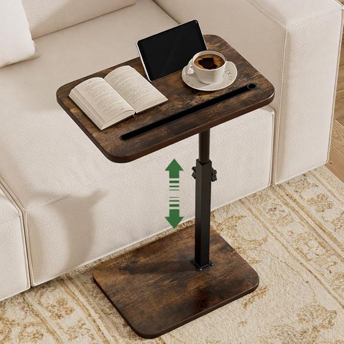 TV Tray Side Table for Couch – 360° Swivel Adjustable Height C Table with Laptop Stand & Phone/Tablet Holder
