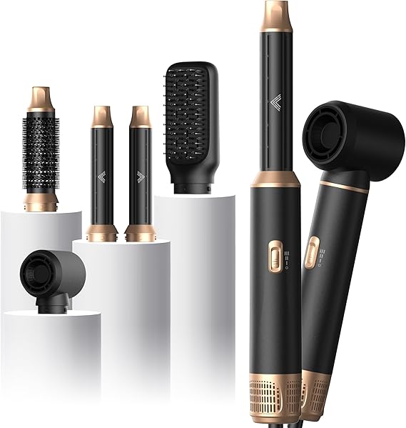 5-in-1 Blow Dryer Brush & Air Styler – Negative Ion Hair Dryer Brush with Air Curling Wrap for Drying, Curling, Straightening & Volumizing | Styling Tool for All Hair Types