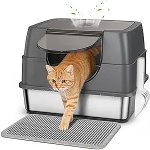 tainless Steel Litter Box with Lid, Side Entry Large Enclosed Cat Litterbox for Kitty & Multi-Cat, Flip Cover Easy to Clean, High Sided Metal Cat Litter Pan with Scoop, Mat, Anti-Leakage, Non-Sticky