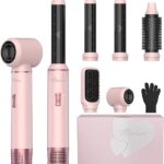 5-in-1 Hair Dryer Brush Set Pink – Detachable Hot Air Styler with Auto Curling Wrap, Ionic Blow Dryer Brush, 3 Heat Settings for Straightening, Curling, Drying & Volumizing