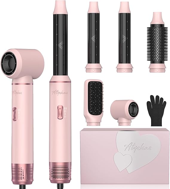 5-in-1 Hair Dryer Brush Set Pink – Detachable Hot Air Styler with Auto Curling Wrap, Ionic Blow Dryer Brush, 3 Heat Settings for Straightening, Curling, Drying & Volumizing