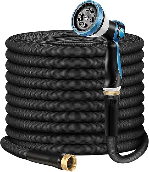 100FT Non-Expandable Garden Hose – Lightweight Flexible Water Hose with 10-Function Spray Nozzle (Black)