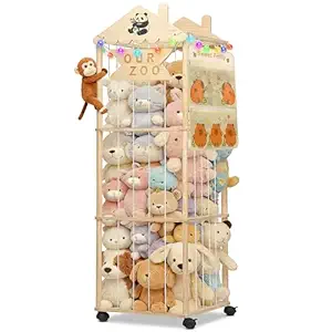 Extra Large Stuffed Animal Storage Tower with Wheels – Wooden Plush Toy Organizer with Lights & Pockets