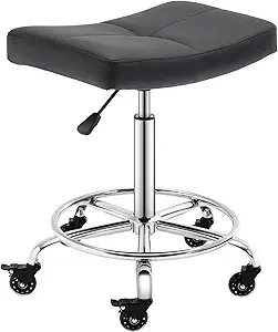 Adjustable Rolling Stool Chair with Backless Wide Seat – Swivel Stool with Wheels & Footrest