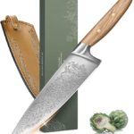 8-Inch Artisan Chef Knife – Professional Kitchen Knife with Olive Wood Handle & Damascus-Style Botanical Blade