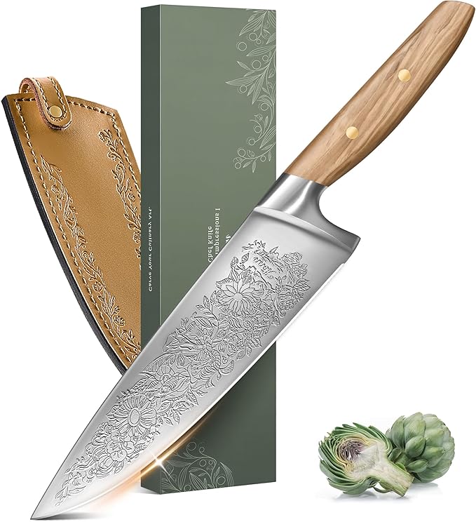 8-Inch Artisan Chef Knife – Professional Kitchen Knife with Olive Wood Handle & Damascus-Style Botanical Blade
