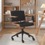Ergonomic Office Chair with Walnut Arms – PU Leather Mid-Back Desk Chair with Swivel, Rocking & Adjustable Height