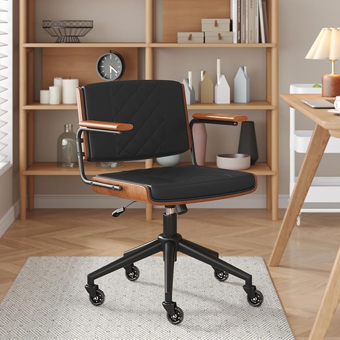 Ergonomic Office Chair with Walnut Arms – PU Leather Mid-Back Desk Chair with Swivel, Rocking & Adjustable Height