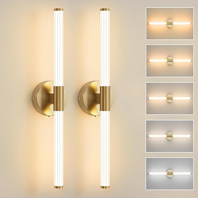 Gold LED Wall Sconces Set of 2 – Dimmable 23'' Bathroom Vanity Lights with 5CCT & 360° Lighting