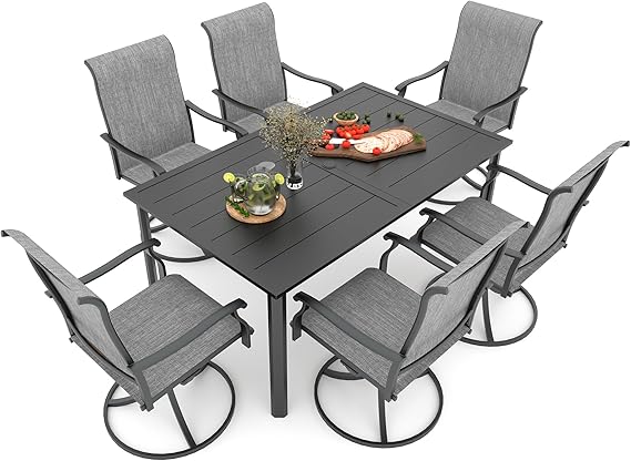 7-Piece Outdoor Dining Set – Patio Furniture Set with 6 Swivel Chairs & 63'' Rectangular Table (Grey)