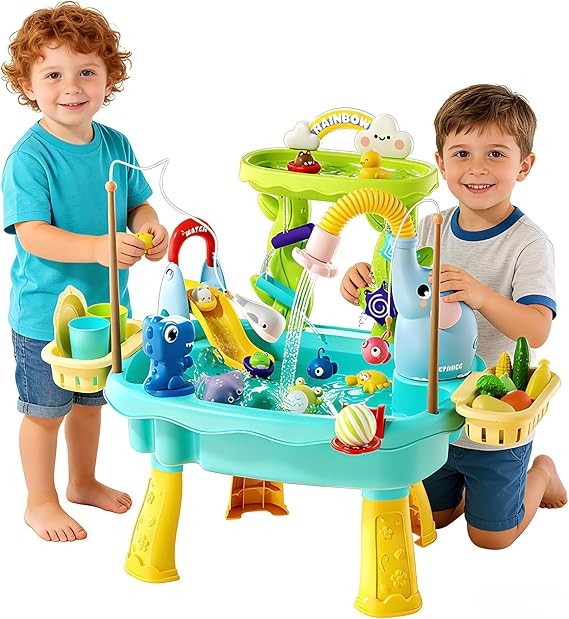 2027 Upgraded Toddler Sand & Water Table – Kids Play Sink with Electric Water Pump, Faucet & Fishing Toys