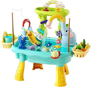 4-in-1 Sand & Water Table for Toddlers – Kids Sensory Play Table with Electric Water Pump & Fishing Toys