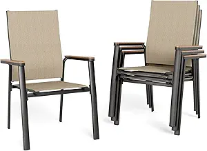 Patio Chairs Set of 4 – Stackable Outdoor Dining Chairs with Aluminum Frame & Breathable Textilene Fabric (Beige)