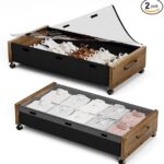 Wooden Under Bed Storage with Wheels, 2-Pack Rolling Under Bed Storage Drawers with Removable Lids, Metal Frame Organizer for Clothes, Shoes & Bedding – Walnut Brown