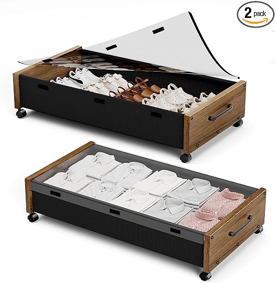 Wooden Under Bed Storage with Wheels, 2-Pack Rolling Under Bed Storage Drawers with Removable Lids, Metal Frame Organizer for Clothes, Shoes & Bedding – Walnut Brown