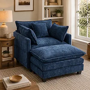 Oversized Chenille Chair with Ottoman, Deep Seat Reading Chair and a Half with Pillows, Comfy Accent Armchair for Living Room, Bedroom & Home Office