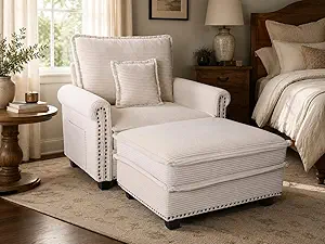 42-Inch Corduroy Sofa with Ottoman, Modern Nailhead Trim Accent Couch, Rolled Arm Single Chaise Lounge Chair for Living Room, Bedroom & Farmhouse Decor