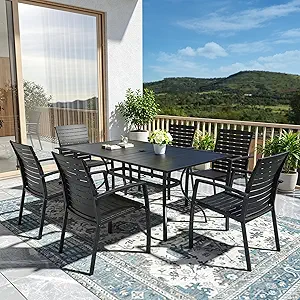 Best 7-Piece Outdoor Patio Dining Set (2026) – 63" Rectangular Table with Aluminum Resin Stackable Chairs