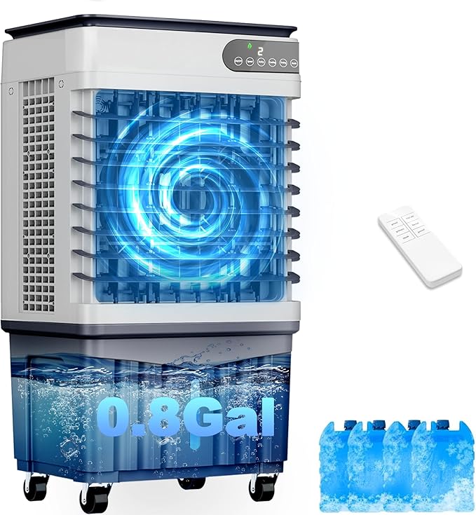 4-in-1 Portable Evaporative Air Cooler with 0.8 Gallon Water Tank, Swamp Cooler for Large Rooms, LED Display, Remote Control, 3 Speeds, 12H Timer & Quiet Cooling Fan