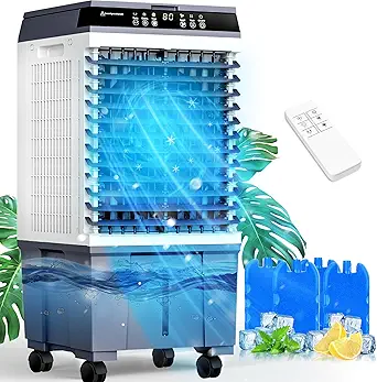 4-in-1 Portable Evaporative Air Cooler with Remote Control, Swamp Cooler for Rooms up to 600 Sq. Ft., Quiet Cooling Fan with 0.2 Gallon Water Tank