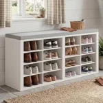 Shoe Rack Bench with Cushion – 16-Cubby Shoe Storage Bench for Entryway, Hallway, Bedroom & Living Room, Wooden Shoe Organizer Holds Up to 400 lbs