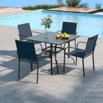 Best 5-Piece Outdoor Patio Dining Set (2026) – 35" Square Table with Navy Blue Stackable Chairs