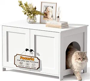 Cat Litter Box Enclosure Furniture, Hidden Dog-Proof Kitty Washroom Cabinet with Low Entry, Wooden Litter Box Cover with Odor Control & Storage, Farmhouse-Style Cat House for Home