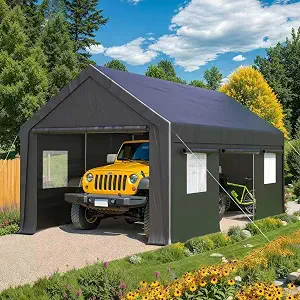 12x20 FT Heavy Duty Carport Tent, All-Season Tarp Portable Garage Canopy with Reinforced Steel Frame, Removable Sidewalls & Doors, Roll-Up Windows, Outdoor Car Shelter for Cars, Trucks, Boats & RVs