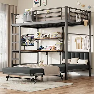 Twin Loft Bed with Desk & Mattress, Metal Bunk Bed Frame with Pull-Out Trundle, L-Shaped Desk, Storage Shelves, Safety Guardrails & Ladder, Space-Saving Bed for Kids & Teens, Black