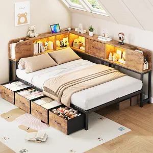 Twin Bed Frame with 5 Storage Drawers, Bookcase Headboard, LED Lights & Charging Station, Metal Platform Corner Daybed for Kids & Teens, Space-Saving Bedroom Furniture