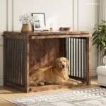 42-Inch Dog Crate Furniture for Large Dogs Up to 80 lbs, Heavy-Duty Wooden Dog Kennel with Hidden Sliding Door, Safety Latch, Quiet Pads, Rustic Indoor Pet Cage & End Table