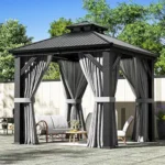 8'x8' Hardtop Gazebo with Aluminum Frame, Galvanized Steel Double Roof, Curtains & Mosquito Netting, Outdoor Patio Gazebo for Backyard, Deck, Lawn & Garden, Dark Gray