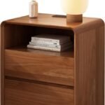 Walnut Nightstand with Charging Station, 2-Drawer Bedside Table, 21.6" Wide Modern End Table with Curved Anti-Collision Design, Storage Cabinet for Bedroom & Living Room