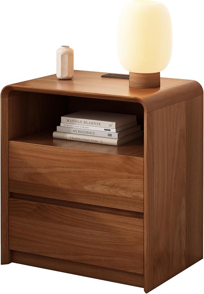 Walnut Nightstand with Charging Station, 2-Drawer Bedside Table, 21.6" Wide Modern End Table with Curved Anti-Collision Design, Storage Cabinet for Bedroom & Living Room